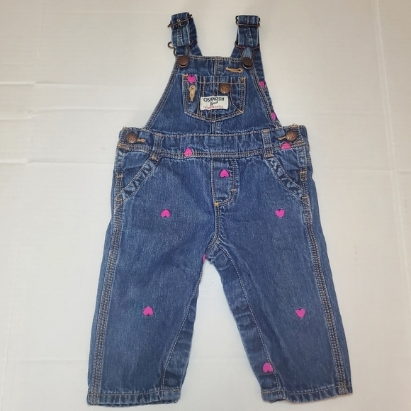 OshKosh B'Gosh Denim Overalls Embroidered Hearts Blue Pink Size 6 M - Picture 1 of 7